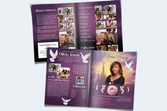 Purple Funeral Program Canva 8 Pages