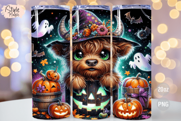 Spooky Meets Cuddly: Halloween Highland Cow Tumbler Wrap PNG